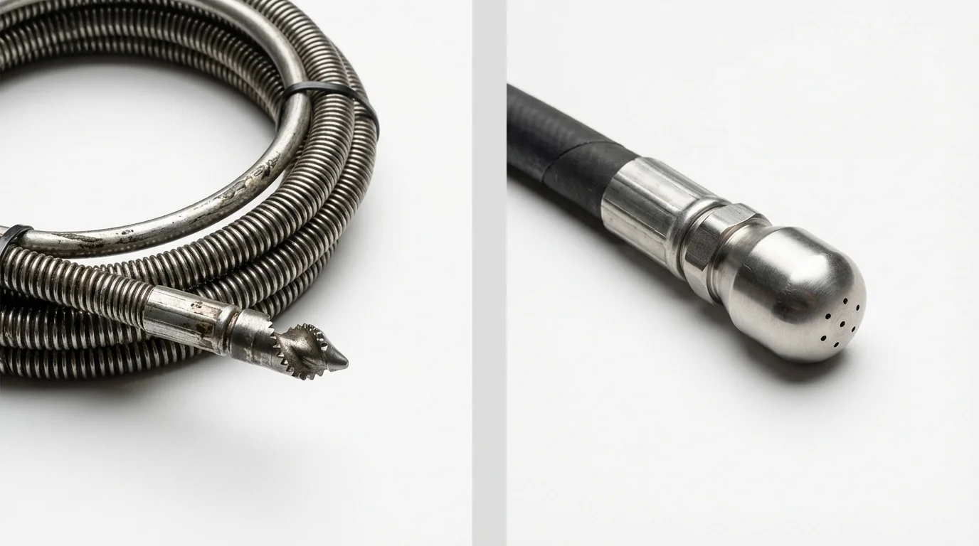 Drain snake cable and hydro jetting nozzle used for drain cleaning in Mason, OH